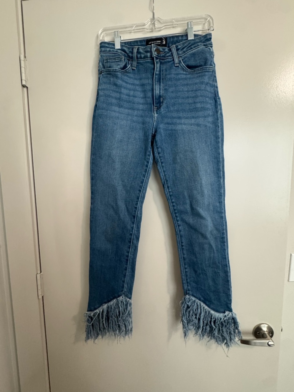 Just Black Medium Blue Straight Leg Jeans with Fringed Hem